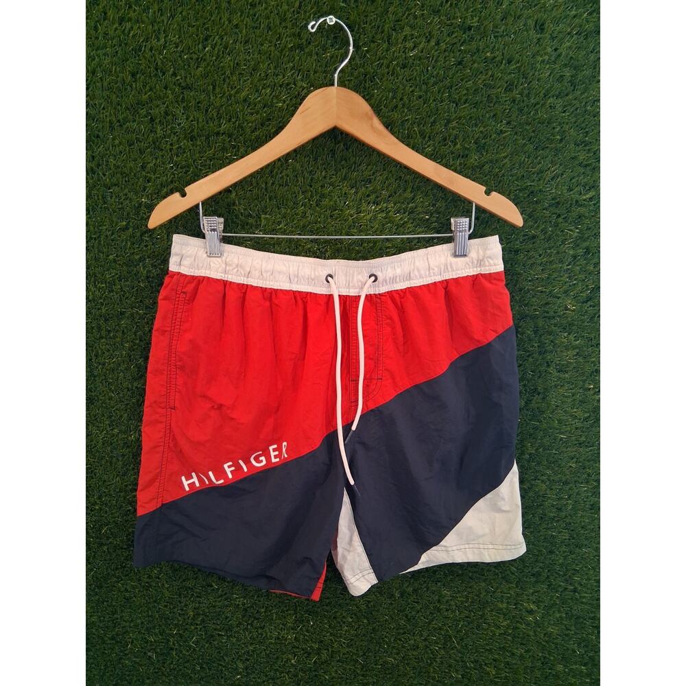 Tommy Hilfiger Men's Swim Trunks Colorblock Red White Navy Blue Mesh Liner SZ L5